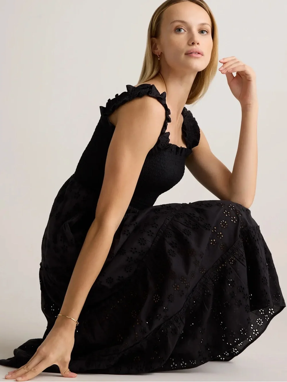 Quince Black Eyelet Smocked Midi Dress